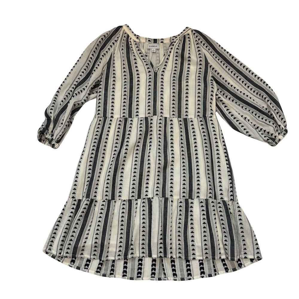 Evereve Black White Boho Stripe Tiered Peasant Dress Small 3/4 Sleeve Lined
